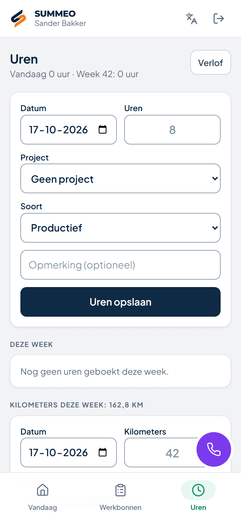 Uren boeken op de telefoon