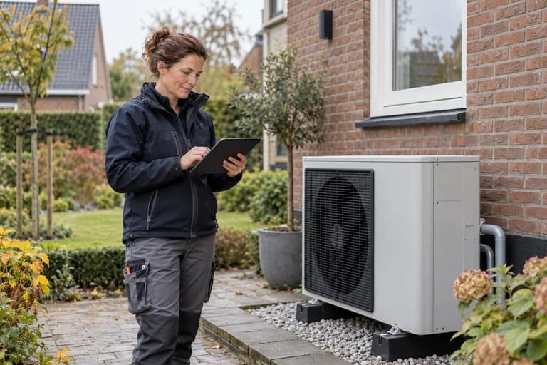 Monteur met tablet bij een warmtepomp