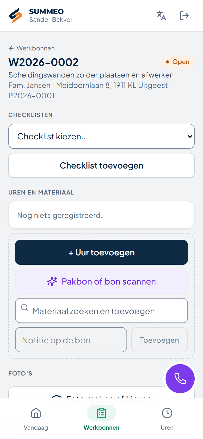 Werkbon in de mobiele app van Summeo
