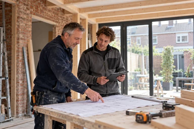 Twee bouwers bekijken de tekening op de bouwplaats, met een tablet