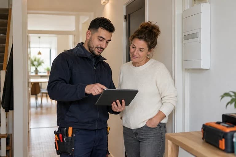 Elektricien laat de klant de offerte zien op een tablet, bij de meterkast