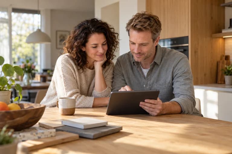 Een stel bekijkt de offerte op een tablet aan de keukentafel