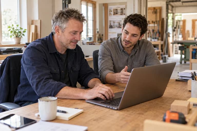 Twee collega’s plannen samen achter een laptop in de werkplaats