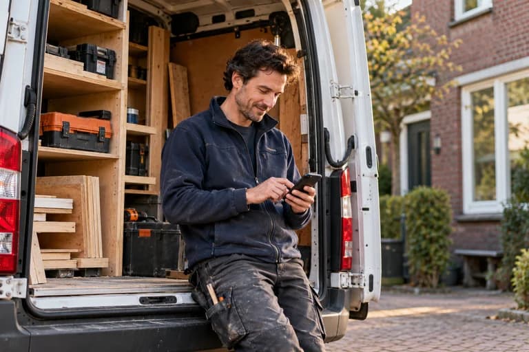 Zzp’er op de rand van zijn bus met zijn telefoon